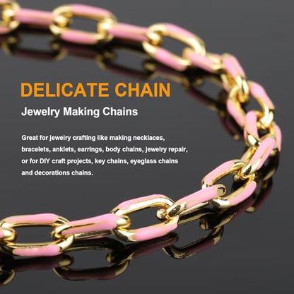 KYUNHOO 2M 18K Gold Plated Chain for Jewelry Making Pink Enamel Chain Spool | Unwelded Paperclip Chain Link Enamel Necklace Making Supplies Chunky Chains for Crafts DIY - color: Pink