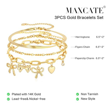 3PCS Charm Gold Bracelets for Women Non Tarnish,14k Plated Gold Bracelet Stack Cute Dainty Stackable Trendy Bow Cross Clover Bracelets Set Tarnish Free Gold Jewelry for Women Gifts - color: Bow-Gold