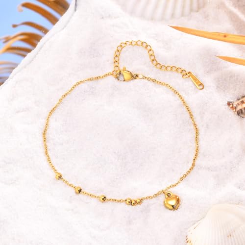 Dainty Gold Anklets for Women Stainless Steel Simple Ankle Bracelets Summer Beach Foot Chain Jewelry Gift - color: Heart and Beads