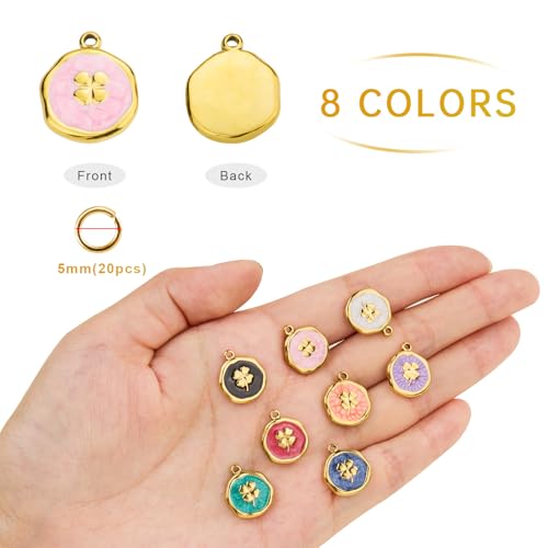 UMAOKANG 8 Mixed Color Enamel Charm, Gold Plated Stainless Steel Round Clover Bulk Charms Pendants DIY for Necklace Bracelet Jewelry Making Crafting - color: Round Clover