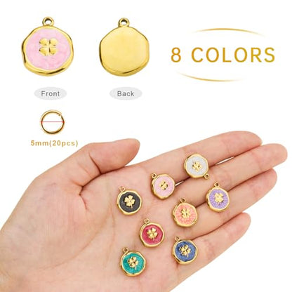 UMAOKANG 8 Mixed Color Enamel Charm, Gold Plated Stainless Steel Round Clover Bulk Charms Pendants DIY for Necklace Bracelet Jewelry Making Crafting - color: Round Clover
