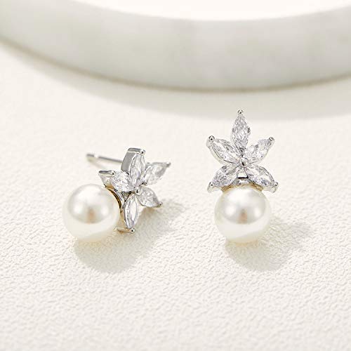 SWEETV Cubic Zirconia Pearl Drop Wedding Earrings for Brides, Ivory Bridal Pearl Earrings for Bridesmaid Jewelry Gift - color: 04.Style 4