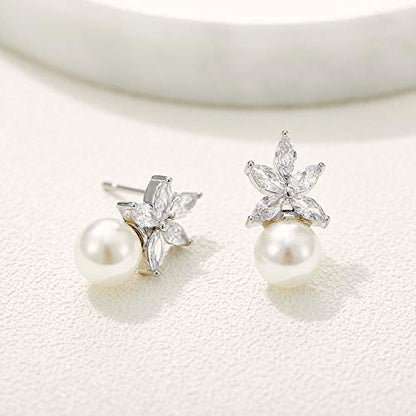 SWEETV Cubic Zirconia Pearl Drop Wedding Earrings for Brides, Ivory Bridal Pearl Earrings for Bridesmaid Jewelry Gift - color: 04.Style 4