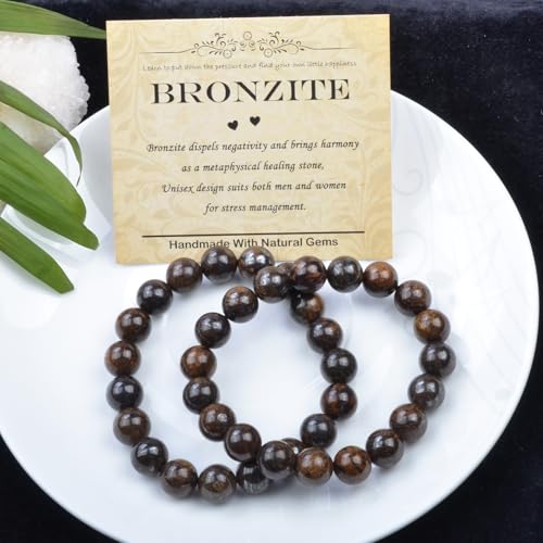 Natural Healing Gemstone Bracelet Handmade Yoga Stretch Elastic Bracelet Stress Relief Crystal Jewelry for Men and Women - color: Bronzite (Release Pressure), size: 10mm