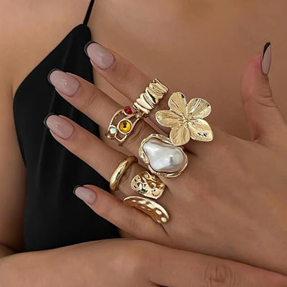 Chunky Rings for Women Stackable Vintage Adjustable Rings for Women Gold Statement Stone Ring Set Non Tarnish Vintage Jewelry - style: Gold 6