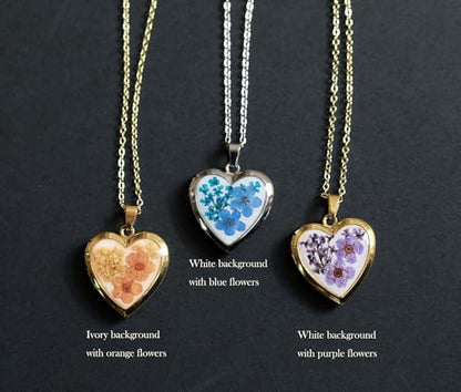 Handmade Heart Shaped Dried Pressed Forget Me Not Flower Photo Locket Pendant Necklace - color: Gold, style: Orange+Ivory