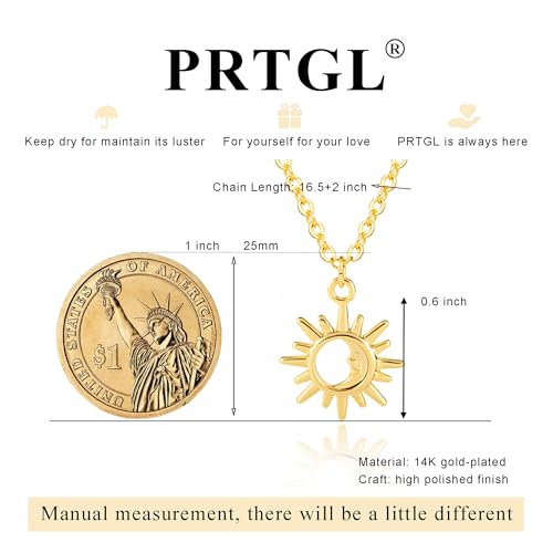 Dainty Gold Necklace: 14k Gold Plated Dianty Boots Bow Sun Moon Horse Evil Eye Conch Seahorse Necklace for Women 16.5"+2" - color: Sun Moon Pendant