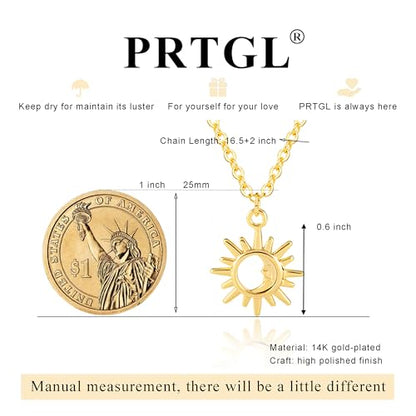 Dainty Gold Necklace: 14k Gold Plated Dianty Boots Bow Sun Moon Horse Evil Eye Conch Seahorse Necklace for Women 16.5"+2" - color: Sun Moon Pendant