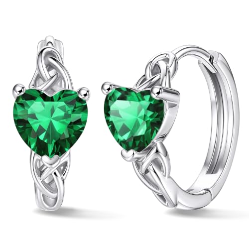 Bestyle 925 Sterling Silver Huggie Hoop Earrings Small Birthstone Hoop Earrings for Women Hypoallergenic Silver Huggie Earring,Great Birthday Earrings Gift for Daughter Wife Mom - color: 05-Green Emerald-Hoop
