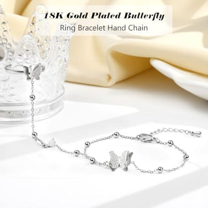 Emibele Gold Bracelets for Women, 18K Gold Plated Hand Chain, Cubic Zirconia Stainless Steel Non Tarnish Hand Chain Bracelet with Finger Ring, Adjustable Trendy Jewelry Valentines Day Gifts for Women - style: Silver Butterfly