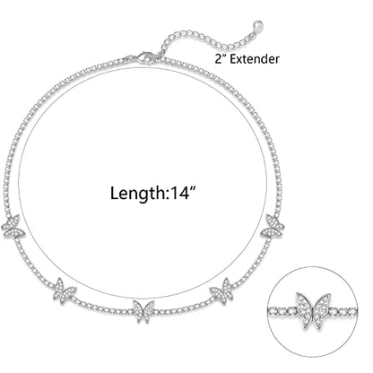 Luxval Tennis Necklace 14K Gold Plated Rhinestone Butterfly Choker Necklaces for women Dainty Zirconia Cut Faux Diamond chain 3mm - color: Silver-butterfly