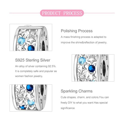 925 Sterling Silver Openable Clip Spacer Bead Fits Pandora Bracelet | Hypoallergenic Clip Stopper Charm, Star Clover Butterfly Floral Mom Heart Paved Zircon Gift for DIY Charm Bracelet Jewelry - color: Blue Zircon Star