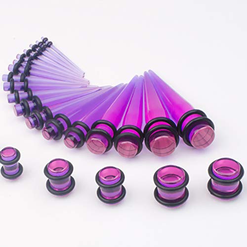 50-Piece Ear Gauges Stretching Kit, 14G-00G | Acrylic tapers and plugs with soft silicone tunnels, body piercing jewelry for women and men - color: Purple