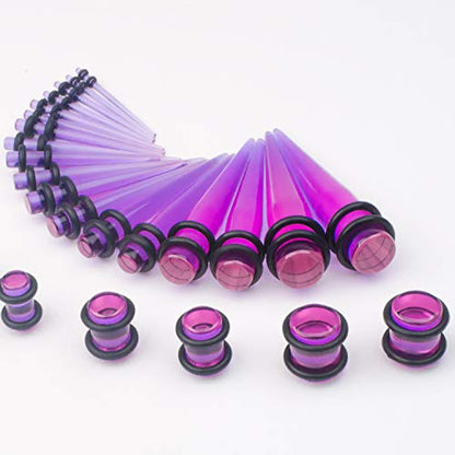 50-Piece Ear Gauges Stretching Kit, 14G-00G | Acrylic tapers and plugs with soft silicone tunnels, body piercing jewelry for women and men - color: Purple