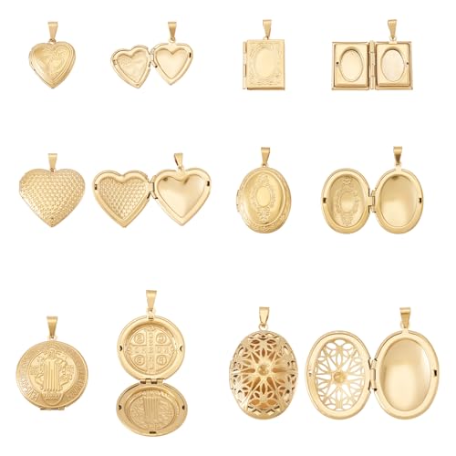 6Pcs 20K Gold Plated Locket Pendants Heart Oval Flat Round Rectangle Photo Frame Charms Golden Locket Charms for Necklaces DIY Memorial Necklace Making - color: Stainless Steel Color, 6 Styles