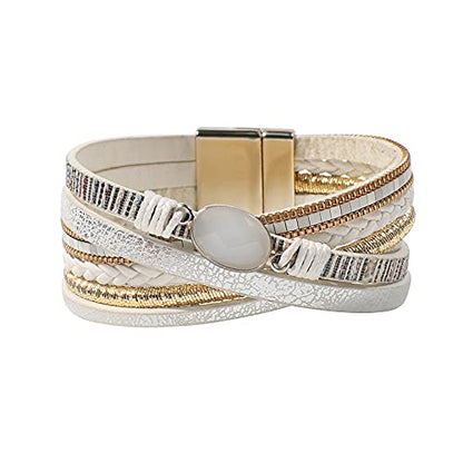 Vercret Leather Wrap Bracelet for Women, Multi-Layer Cuff Bangle | Boho Stacked Bracelets with Safe Clasp Western Bangle Jewelry Gift for Lady and Mom Sister Friend - style: White Leather Bracelet