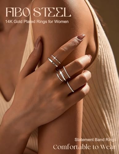 FIBO STEEL 14K Gold Plated Stackable Rings for Women Non Tarnish - Dainty Rings Cubic Zirconia Thin Ring Set Minimalist Thumb Stacking Ring Size 5-11 - size: SIZE 7