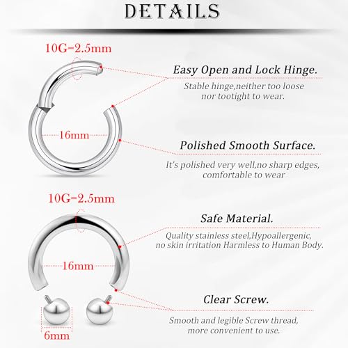 18G-2G Septum Rings 316L Surgical Steel Horseshoe Gauges Earrings Septum Nose Ring Silver Cartilage Helix Tragus Daith Rook Earring Hoop Lip Piercing Jewelry for Women Men - style: 10G(2.5mm)-Dia:16mm