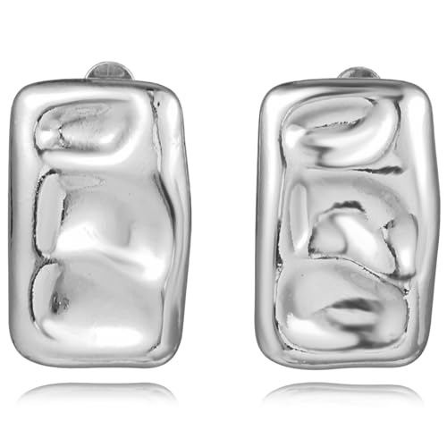 REELMAR Chunky Geometric Clip On Earrings for Women Trendy Gold-Plated Thick Hammered Rectangle Dupes Earrings Minimalist Statement Earrings No Piercing Clips - color: Square-Silver