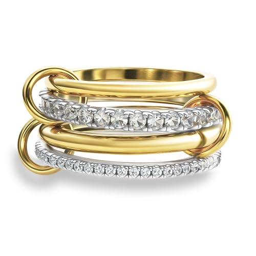 Gold Stackable Rings for Women Non Tarnish, 18k Gold Plated Cubic Zirconia Rings, Silver Gold Multi Ring Mixed Metals Stack Rings Set - color: Two tone, size: 6