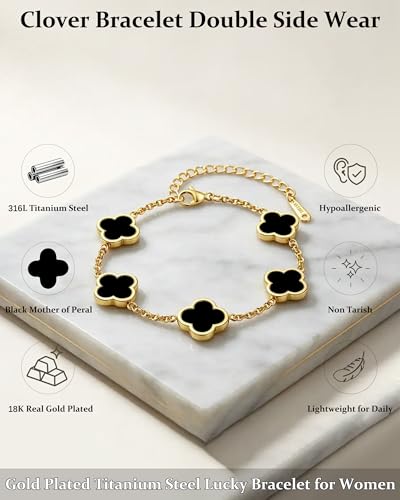 Four Leaf Clover Bracelet for Women 18K Gold Plated Stainless Steel 4 Leaf Link Chain Adjustable Bracelets Lucky Gift for Women/White/Black/Rich Red/Emerald Green/ Navy Blue/Pink Bracelets - color: Black/Gold
