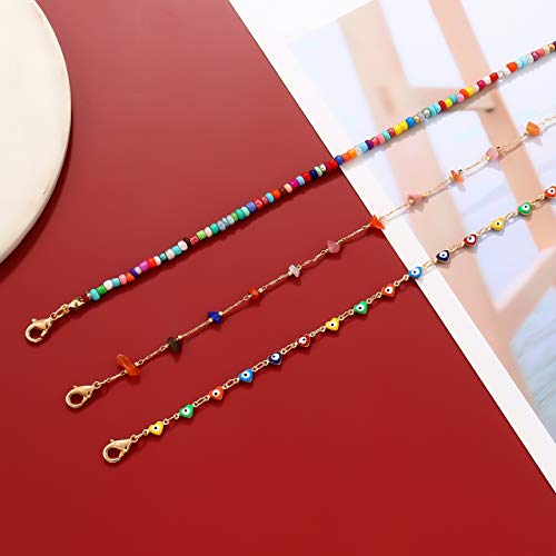 Boho Beaded Ankle Bracelet Beach 18 K Gold Plated Anklet Bracelets Handmade Colorful Seed Beads Butterfly Evil Eye Heart Link Chain Anklet Pack Cute Summer Foot Jewelry for Women - style: beaded ankle bracelet C set