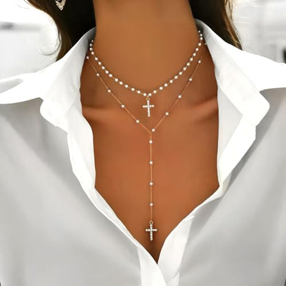 Layered Pearl Beaded Cross Necklace Minimalistic Dainty Gold Pendant Set with Crystal Cross Charm Christian Jewelry Gift for Women