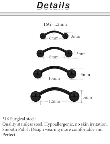 20G 16G 14G 12G Eyebrow Rook Daith Piercing Jewelry 316L Surgical Steel Vertical Lip Labret Belly Button Ring Snake Eyes Tongue Ring Curved Barbell 6mm(1/4") 8mm(5/16") 10mm (3/8") 12mm(1/2") - color: Black, size: 16G(1.2mm)-6/8/10/12mm Bars