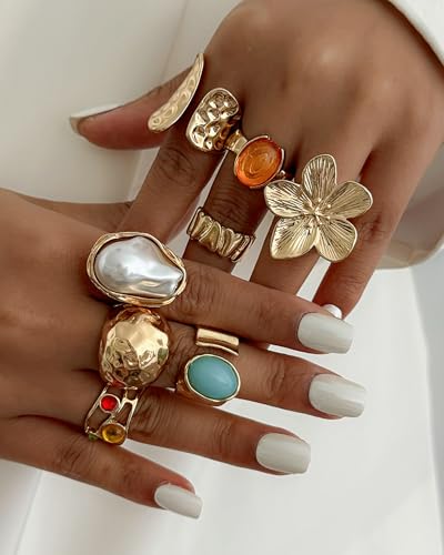 Chunky Gold Shell Starfish Ring Set for Women Trendy Gold Flower Scallop Seashell Starfish Gemstone Rings Adjustable Stacking Statement R-ings Non Tarnish Spring Summer Jewelry Accessories - color: B1:8 pcs