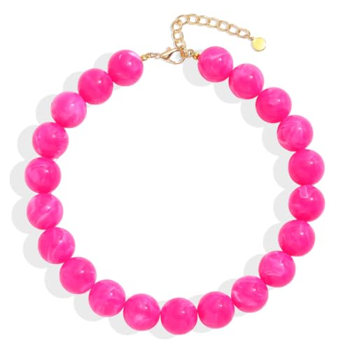 Chunky Necklaces for Women Trendy 20MM Large Resin Beaded Necklace Bold Statement Chunky Choker Necklace Boho Beads Summer Beach Jewelry - color: Magenta