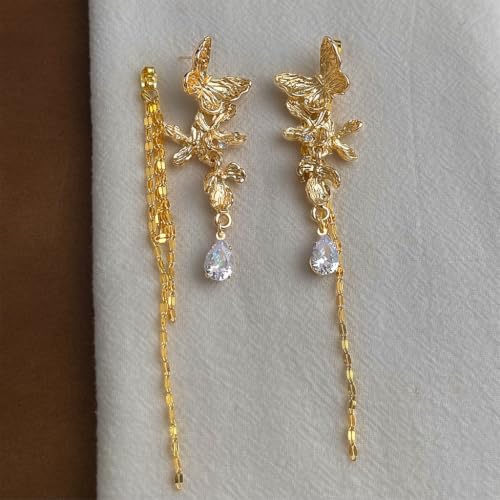 Vintage Gold Butterfly Ear Climbers Detachable Tassel Teardrop CZ Drop Chain Dangle Earrings for Women Party Jewelry