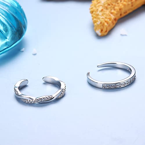 FIASASO 2 Pcs Sterling Silver Toe Rings for Women Adjustable Band Toe Rings Summer Beach Open Toe Ring Foot Jewelry Set