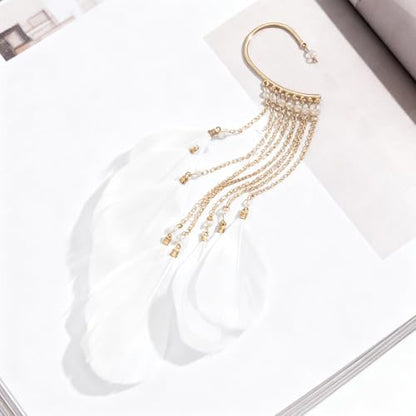 Feather Earrings for Women Ear Cuffs Long Tassel Boho Clip Earrings Red White Non Piercing Earring Statement Jewelry Birthday Prom Jewelry Gifts - color: A1:white tassel feather ear clips
