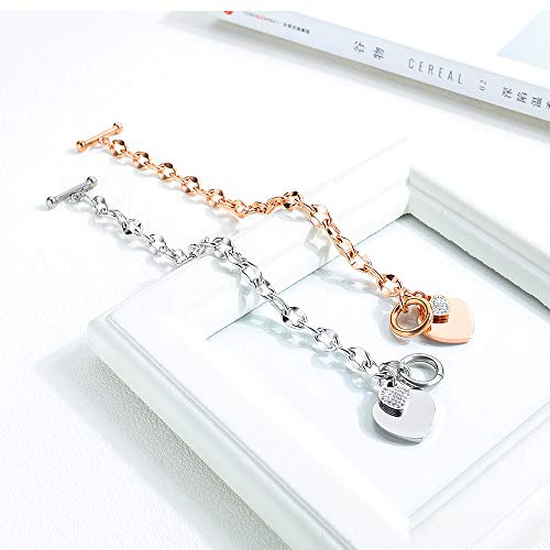 kelistom 316L Stainless Steel Love Heart Charm Bracelet for Women Romantic Gift Silver/Rose/18k Gold Plated OT Clasp Bracelets - color: rose gold-1