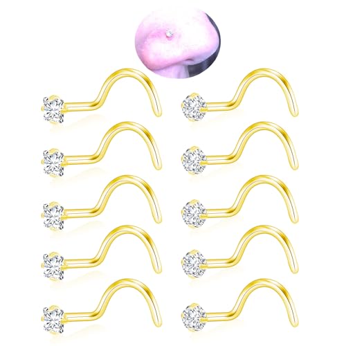 20G Nose Rings Studs for Women Corkscrew Sliver Nose Studs Hypoallergenic Nose Rings 316L Stainless Steel Nose Nostril Percing Jewely for Women Men Round Square CZ Imitation Diamond 1.5mm/2.0mm/2.5mm/3.0mm - style: 20G-corkscrew-gold-2.0mm