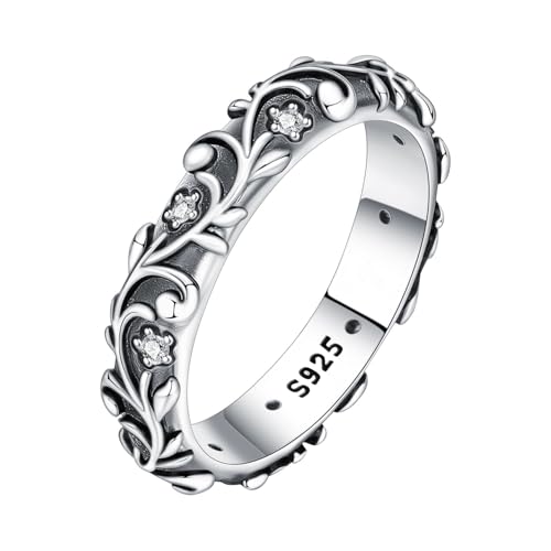 Stackable Patterned Ring 925 Sterling Silver with Cubic Zirconia – Simple CZ Stacking Ring for Women | Dainty Silver Ring S925 Hypoallergenic Jewelry - color: Vintage Flower ring