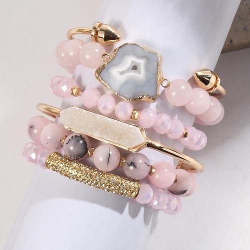 Yomisa 5PCS 6PCS Natural Boho Beaded Bracelets/Bangle for Women Men,Healing Turquoise Jasper Agate Crystal Gemstone Stone Chakra Multilayer Wrap Bohemian Handmade Jewelry Beads Stretch Bracelet Set - color: 6PCS-Pink