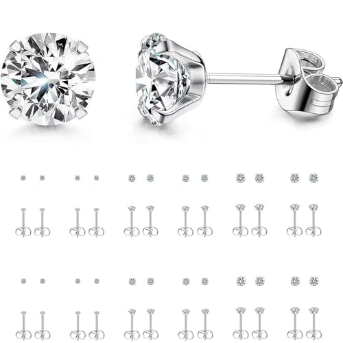 12 Pairs Stud Earrings Set, Hypoallergenic Surgical Stainless Steel 316L Earring for Women Men, Small Earring Studs Pack with Cubic Zirconia - color: Silver-2mm x 4 Pairs + 3mm x 4 Pairs+4mm x 4 Pairs