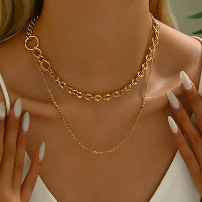 18K Gold Plated Layered Herringbone Necklaces for Women Dainty Layering Beaded Snake Chain Choker Moon Coin Pendant Necklace Trendy Stainless Steel Jewelry - color: Double Cuban Link-Gold
