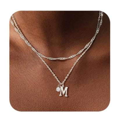 Sterling Silver Initial Necklaces for Women Girls Dainty Letter Necklace Stack Non Tarnish Silver Layered Necklaces Simple Chain CZ Diamond Pendant Necklaces Stacked A-Z Name Personalized Trendy Jewelry Gift - style: M
