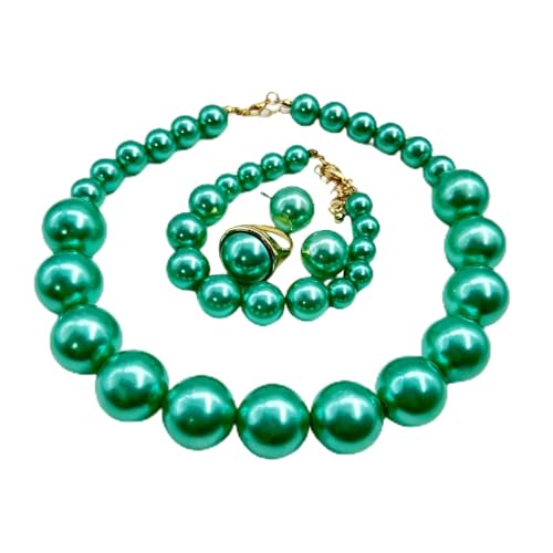 White Faux Pearl Necklace and Earrings Set Big Large Pearl Bead Ball Beaded Choker Necklace Black Pink Pearls Statement Bracelet Ring for Women - color: blue