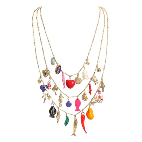 Vintage 3-Layered Pendant Charm Necklace for Women, Bohemian Ethnic Triple Layer Stackable Chain Necklace, Unique Statement Jewelry for Party Gift - color: Palm Tree Fish Heart - Bohemia