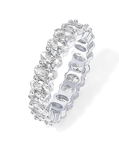 PAVOI 14K Gold Plated Eternity Ring for Women - Statement Eternity Band Rings with Oval Cubic Zirconia - Stackable Wedding Band - Love Engagement Trendy Bridal Jewelry - color: White Gold