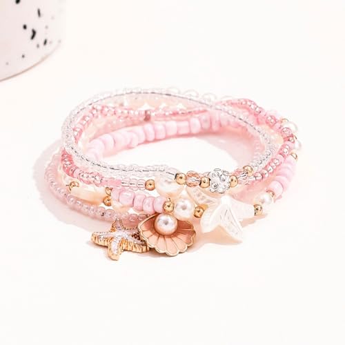 Spring Summer Beach 5-Piece Bracelet Set, Shell Starfish Seed Bead Faux Pearl Stackable Hand Jewelry for Women - color: WhitePink, size: One Size