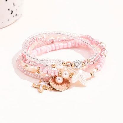 Spring Summer Beach 5-Piece Bracelet Set, Shell Starfish Seed Bead Faux Pearl Stackable Hand Jewelry for Women - color: WhitePink, size: One Size