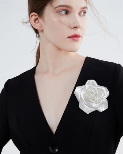 Satin Rose Flower Large Brooch Lapel Pins Handmade Fabric Flower Brooches Pin Classic for Wedding Party Dance Banquet for Women Men Dress Suit Clothes Accessories JewelryGifts 110mm - color: White
