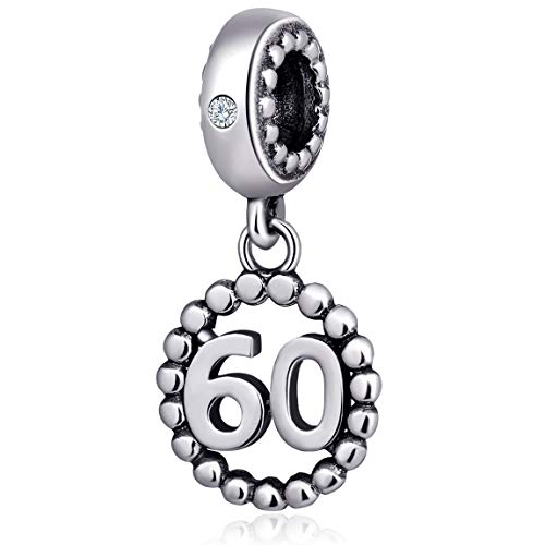 5,10,15,16,17,18,20,21,25,30,35,40,42,49,50,55,60,65,70 Number Charms for European Bracelet, 925 Sterling Silver Birthday Pendant Beads with CZ, Gifts for Mothers Day/Anniversary - color: Silver Color Number 60 Charm