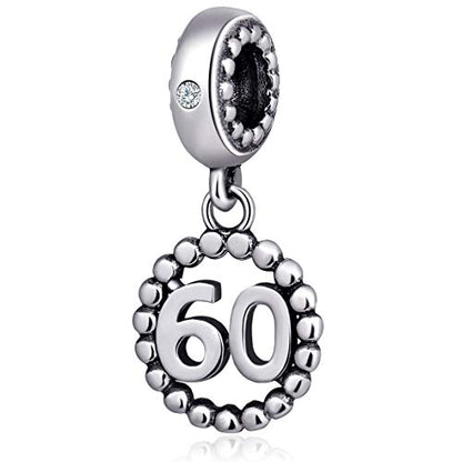 5,10,15,16,17,18,20,21,25,30,35,40,42,49,50,55,60,65,70 Number Charms for European Bracelet, 925 Sterling Silver Birthday Pendant Beads with CZ, Gifts for Mothers Day/Anniversary - color: Silver Color Number 60 Charm