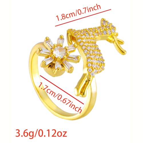 Sunflower Fidget Ring for Women Gold Anxiety Crystal Rings Cubic Zirconia Sunflower Open Adjustable Fidget Ring Spinner Sun Ring for Men Trendy Jewelry - color: Deer Gold
