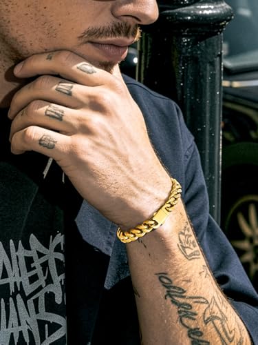 Richsteel Gold/Black/Silver Cuban Link Bracelet for Men,5/7/9/12MM Width | 316L Stainless Steel Chain Wrist Bracelet, Waterproof, No Tarnish, Hypoallergenic Hip Hop Jewelry, with Gift Box - color: 02-Gold Plated 9mm Width